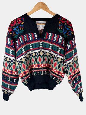 Vtg 80s Obermeyer Mosaic Sweater S Embroidered Floral Ski Knit Alpine Wool Blend